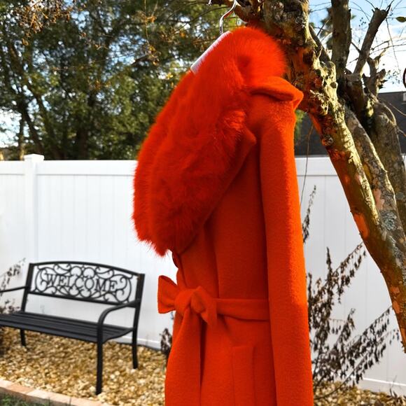 Orange Faux Fur Collar Maxi Wrap Coat – Glam Winter Statement – Size Large - Picture 4 of 9
